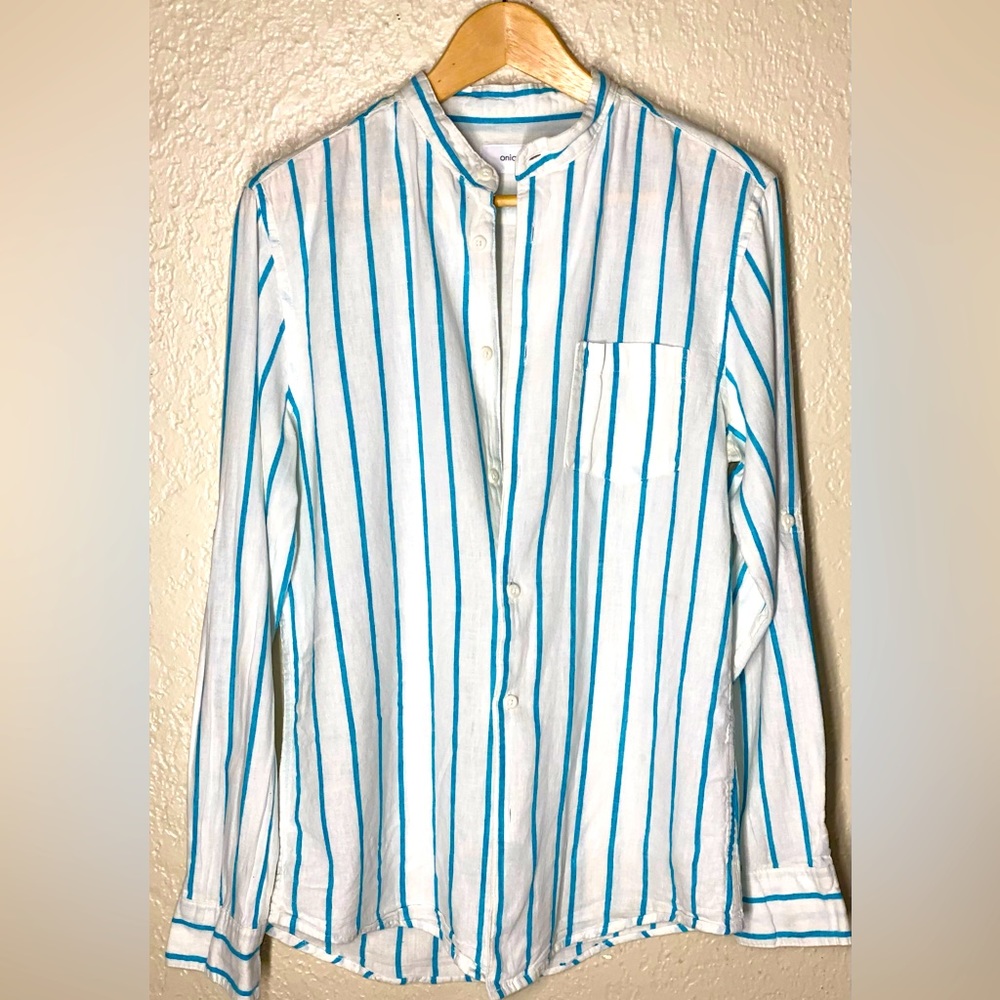 Onia Shirt Mens  S Linen Blend White Blue Striped Button Up Long Sleeve